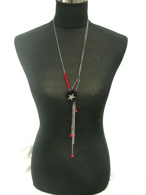 Red bead fringe necklace with fury star design