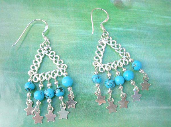 925 sterling silver earring motif triangle fringe with turquoise bead, made in Thailand