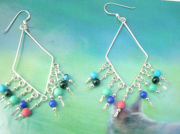 925 sterling silver earring motif diamond fringe with assorted bead, made in Thailand