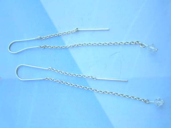 925 sterling silver threader earring with long chain clear crystal bead, made in Thailand