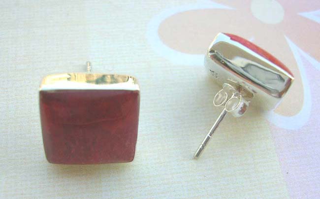 Studs red coral square, 925 sterling silver earring, made in Thailand