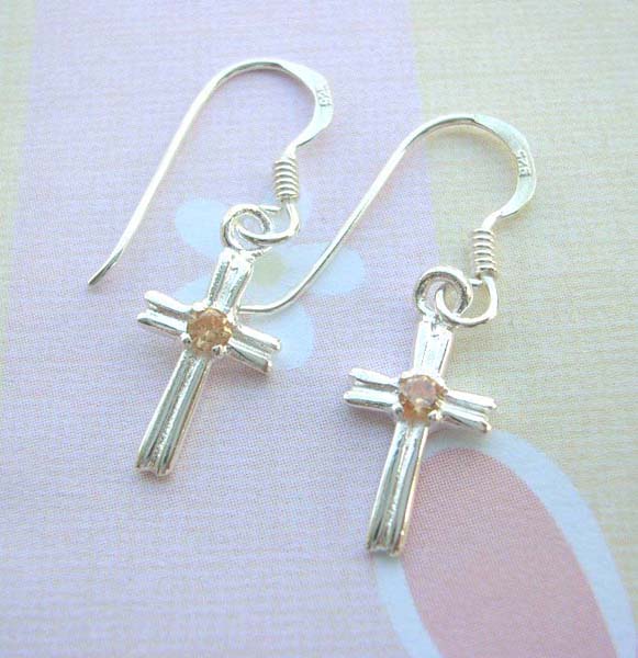 Religious citrine cz cross, 925 sterling silver earring, made in Thailand