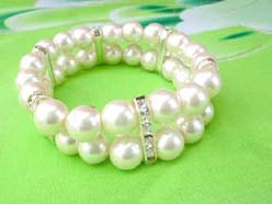 2 rows faux pearl stretchy white beaded bracelet with cz long spacer 