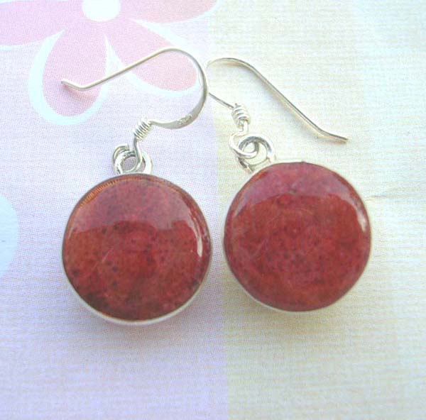 Red coral circular, 925 sterling silver earring, made in Thailand