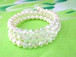imitation pearl and light grey clear rhinestone beaded wrap-around bracelet 