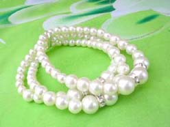3 rows Faux Pearl Stretch bracelet,white, cz spacer beads prom bridal jewelry